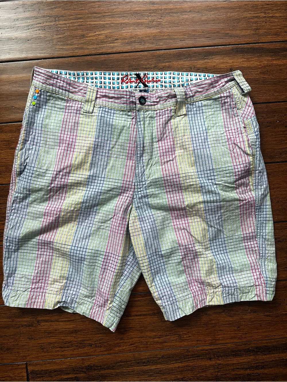 Robert Graham Blue Gray Plaid Chino Shorts - Men's Size 36 Preppy Colorful